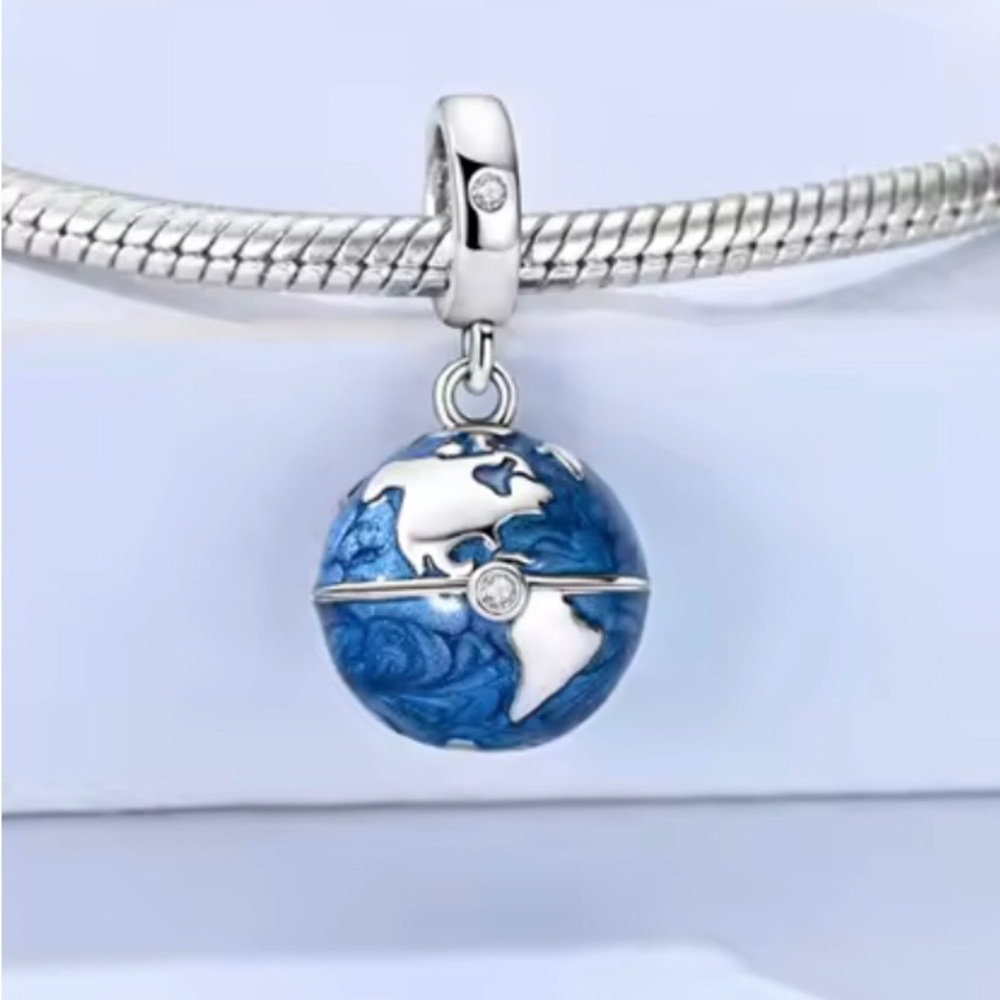 Sterling Silver Globe Charm Pendant in Blue Enamel
